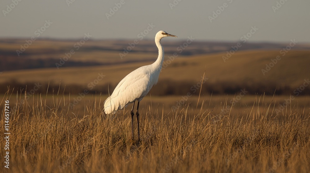White crane standing in tall grass at sunset. White crane standing in tall grass at sunset.