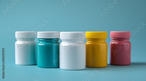 Five Medicine Pill Bottles in White, Blue, Yellow, and Pink on Blue Background