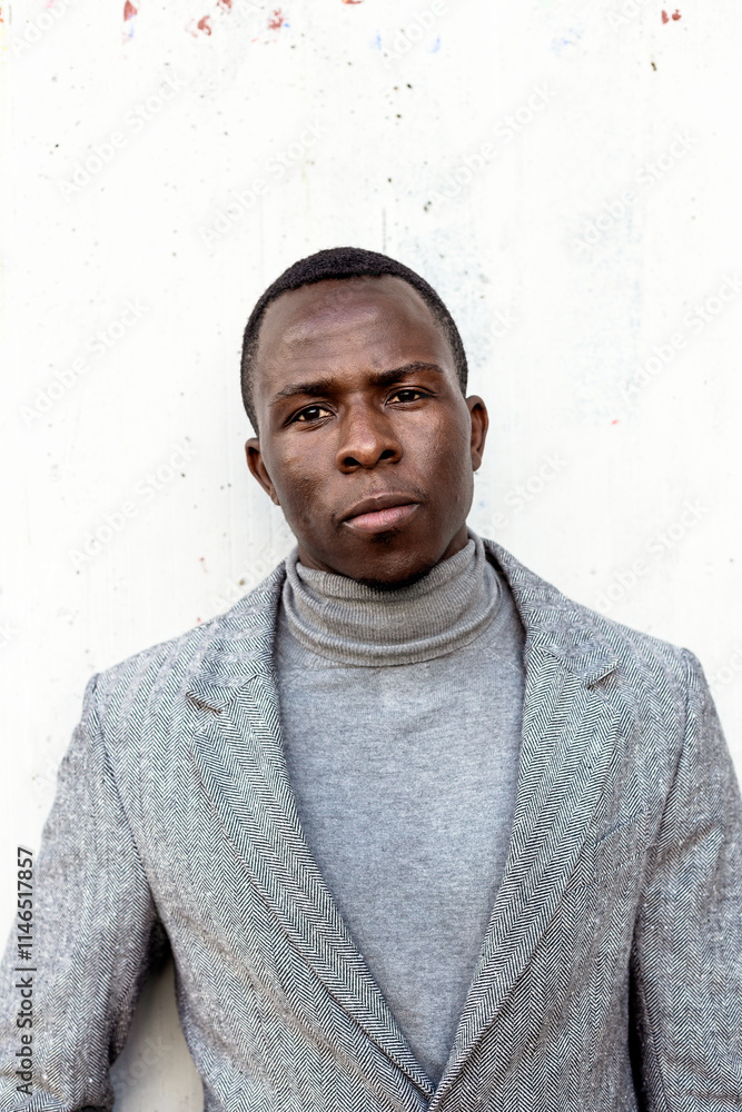 Portrait of an elegant and handsome black businessman wearing gray suit in a concrete wall in the city Portrait of an elegant and handsome black businessman wearing gray suit in a concrete wall in the city