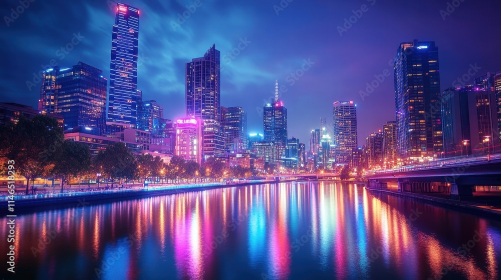Obraz premium melbourne cityscape night lights reflection