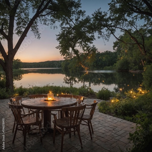 A trivia game night at an outdoor patio overlooking a tranquil lake, with wooden chairs, fairy lights, and a soft breeze rustling the trees. photo