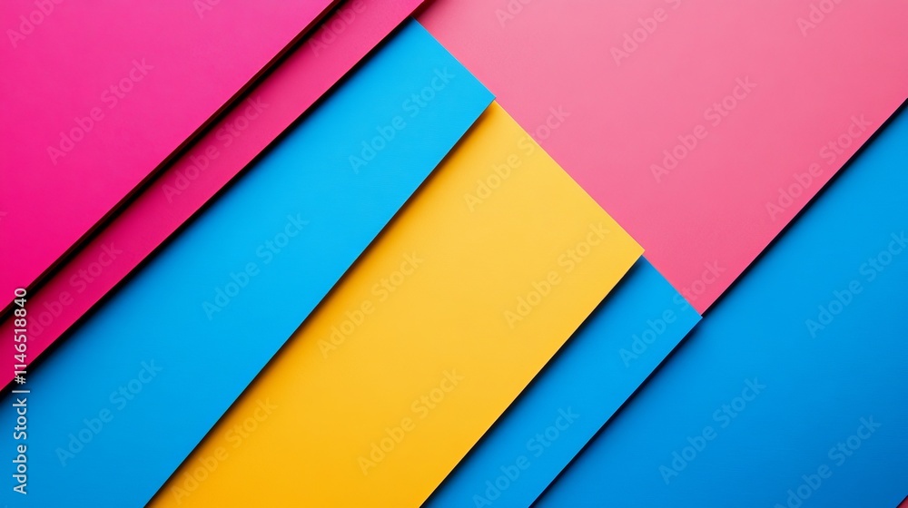 A vibrant arrangement of colored paper sheets in pink, blue, and yellow. A vibrant arrangement of colored paper sheets in pink, blue, and yellow.