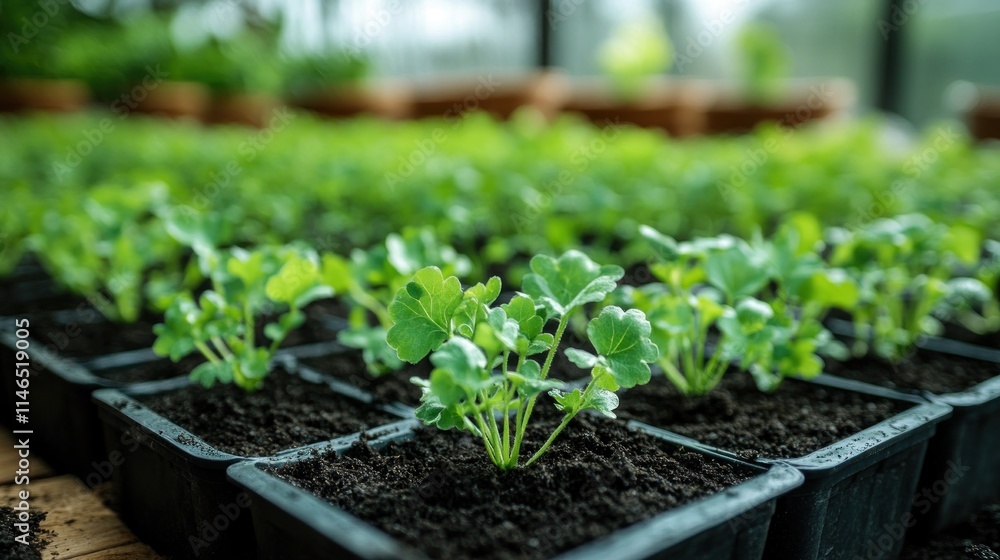 A greenhouse filled with young green plants in pots, showcasing growth and cultivation. A greenhouse filled with young green plants in pots, showcasing growth and cultivation.