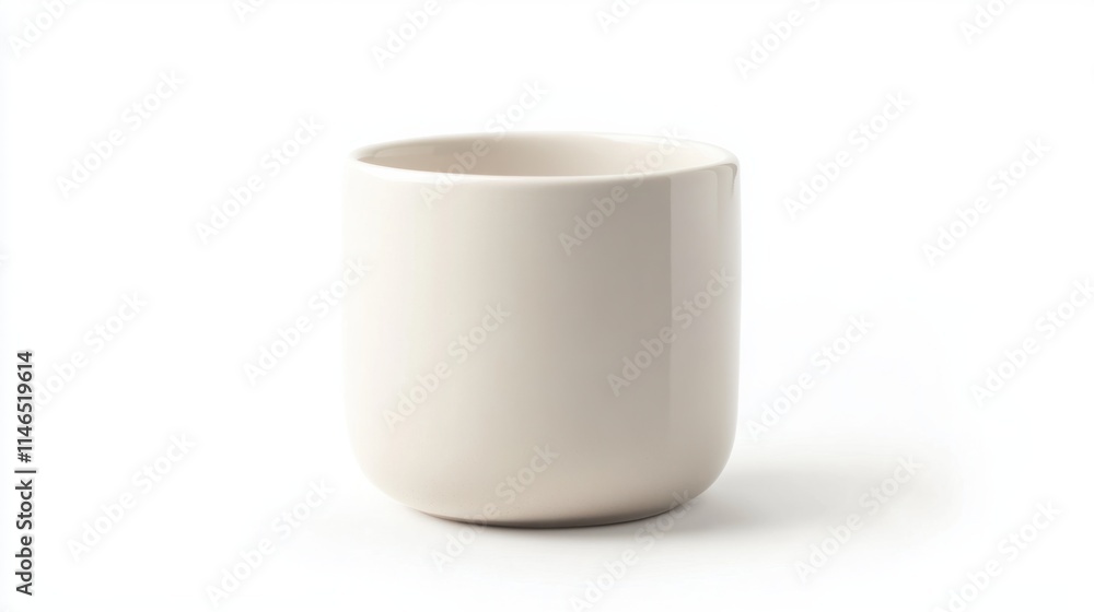 A glossy white ceramic coffee mug with a simple cylindrical design, perfect for modern minimalism, isolated on white A glossy white ceramic coffee mug with a simple cylindrical design, perfect for modern minimalism, isolated on white
