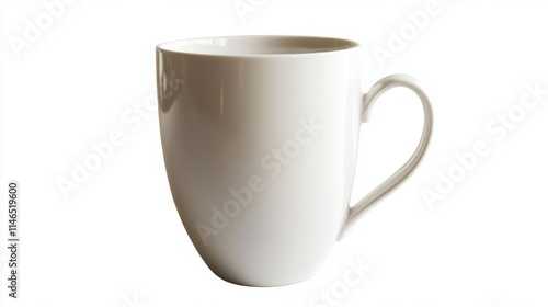 A glossy white ceramic coffee mug with a simple cylindrical design, perfect for modern minimalism, isolated on white