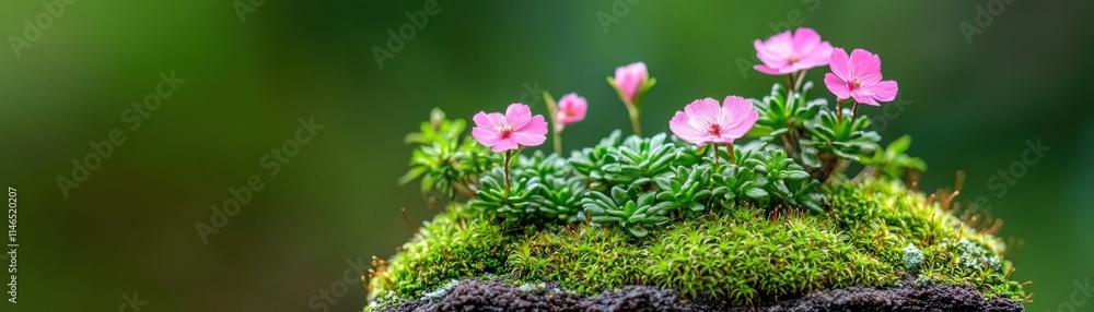 Blooming pink flowers on mossy stone in nature's serenity Blooming pink flowers on mossy stone in nature's serenity