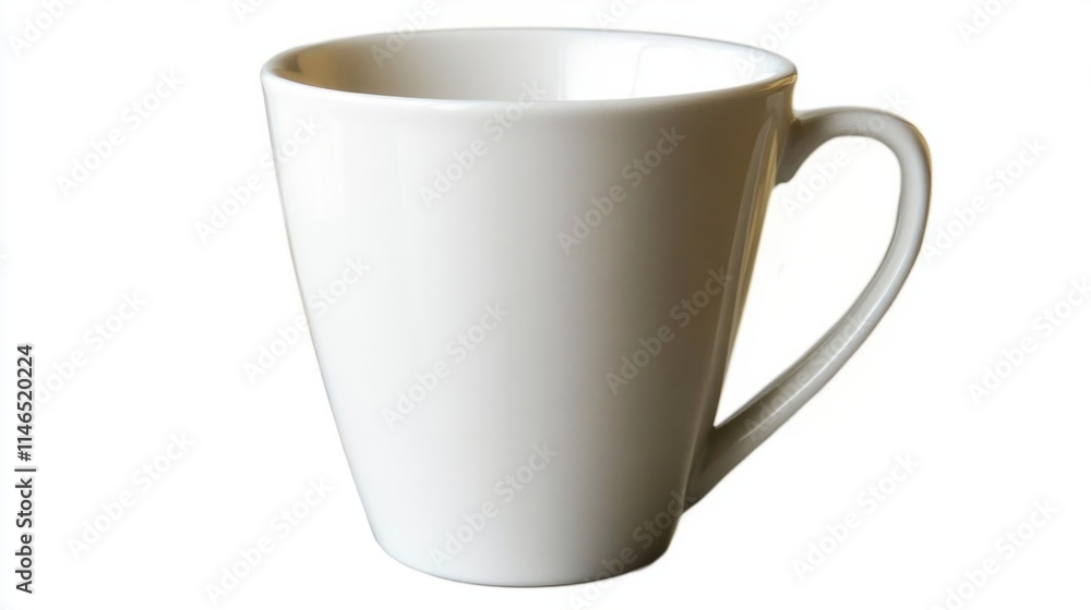 A plain white ceramic coffee mug with a slight taper, emphasizing its clean and minimalist design, on white