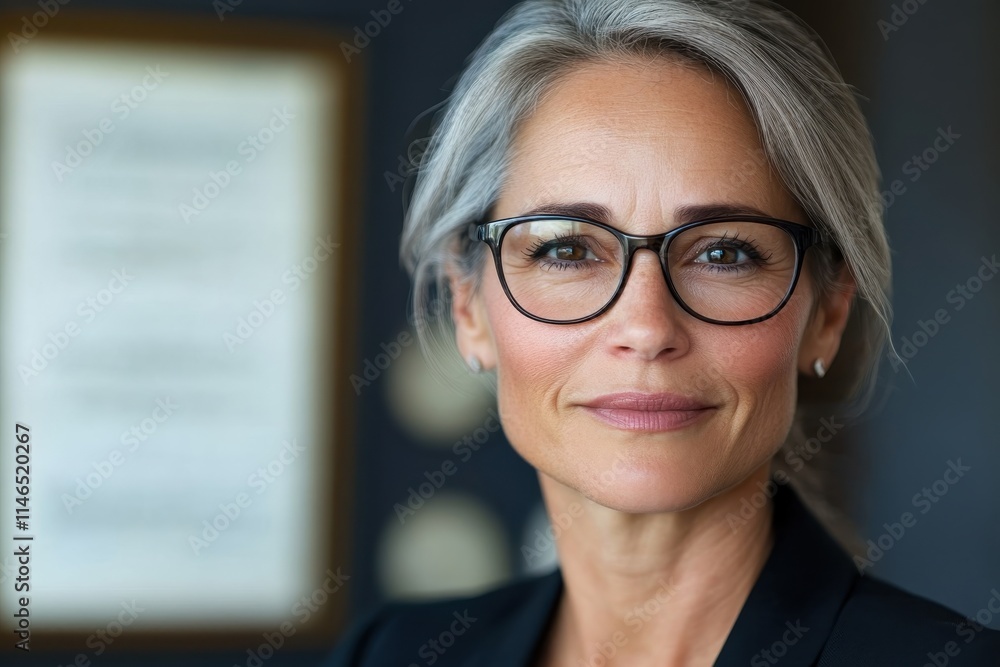 An elegant woman with silver hair and glasses is featured in this image, showcasing her poise and authority in a sophisticated business environment surrounded by books and documents. An elegant woman with silver hair and glasses is featured in this image, showcasing her poise and authority in a sophisticated business environment surrounded by books and documents.