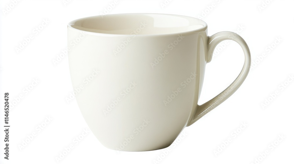 A simple white ceramic coffee mug with a smooth finish and rounded handle, showcasing minimalist elegance, isolated on white A simple white ceramic coffee mug with a smooth finish and rounded handle, showcasing minimalist elegance, isolated on white