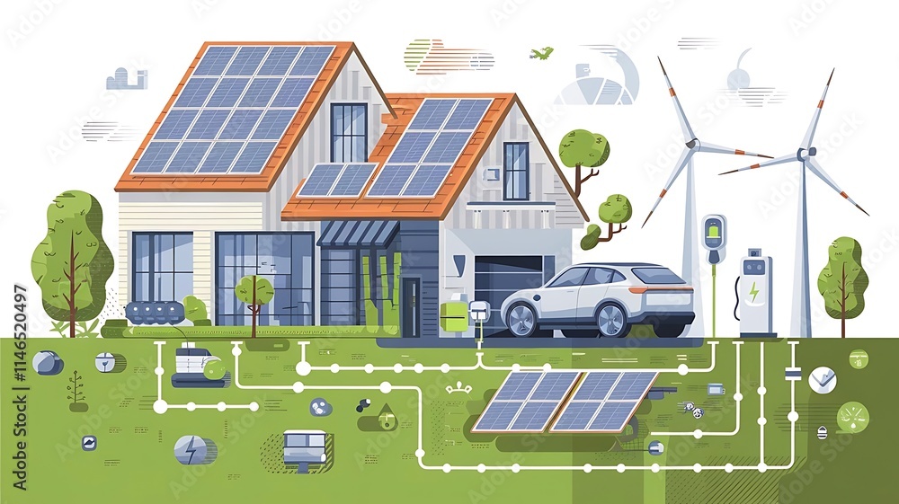 Vector Illustration of a Sustainable Energy Ecosystem with Solar Panels, Wind Turbines, Battery Storage, Electric Car, and Eco-Friendly Living in a Green Environment Vector Illustration of a Sustainable Energy Ecosystem with Solar Panels, Wind Turbines, Battery Storage, Electric Car, and Eco-Friendly Living in a Green Environment