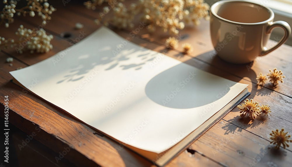 Open book page with natural sunlight and a coffee cup on a rustic wooden table. Open book page with natural sunlight and a coffee cup on a rustic wooden table.