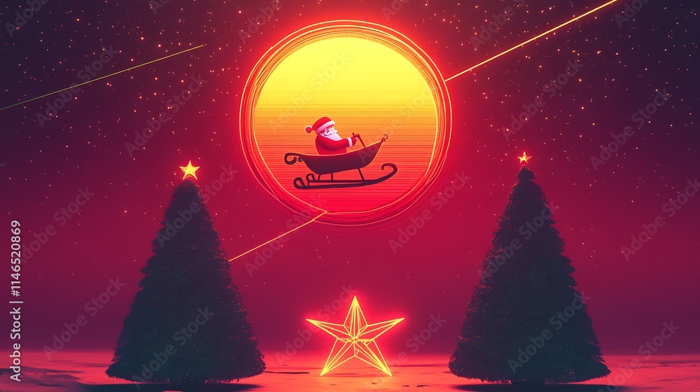 Fototapeta premium A stylized Christmas scene with a neon Santa sleigh flying across a glowing gradient sun in shades of red and gold. 