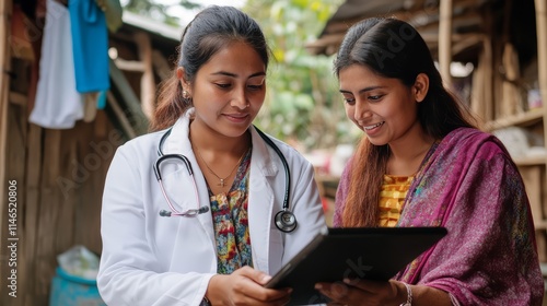 Female Doctor Showing Tablet to Patient in Rural Setting