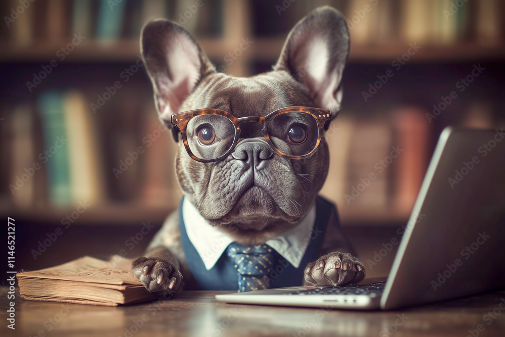A French Bulldog wearing oversized glasses and a tiny tie, sitting at a desk with a laptop, looking like a stressed-out office worker A French Bulldog wearing oversized glasses and a tiny tie, sitting at a desk with a laptop, looking like a stressed-out office worker