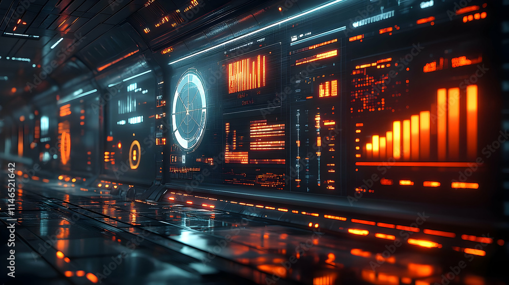 Futuristic control room with glowing screens and data displays. Futuristic control room with glowing screens and data displays.