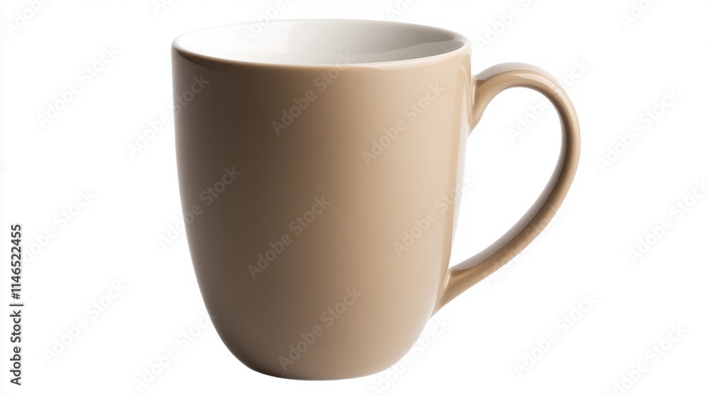 A wide, flat ceramic coffee mug in a matte taupe finish, emphasizing its modern and simple design, on white A wide, flat ceramic coffee mug in a matte taupe finish, emphasizing its modern and simple design, on white