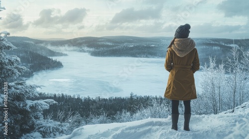 woman in winter wonderland overlooking frozen lake photo