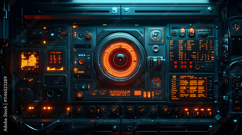 Futuristic control panel with glowing elements and various buttons and displays. Futuristic control panel with glowing elements and various buttons and displays.