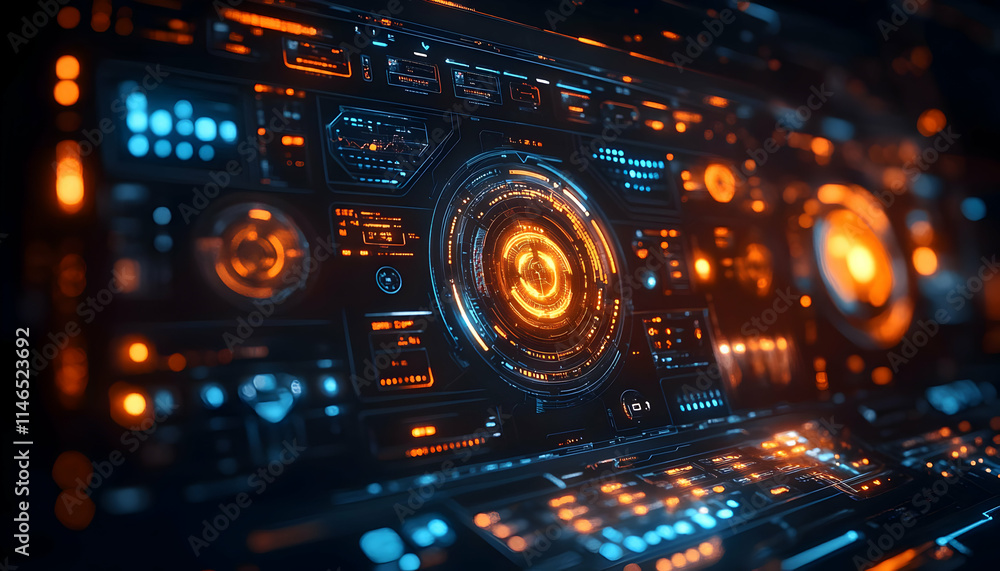 A futuristic control panel with glowing interfaces and data displays. A futuristic control panel with glowing interfaces and data displays.