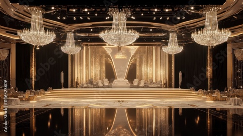 A glamorous stage setup featuring gold and white tones, crystal chandeliers, and reflective flooring, perfect for opulent occasions