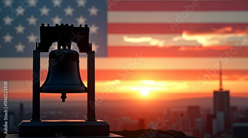Silhouetted Liberty Bell at sunset, a vibrant American flag backdrop, city skyline gleaming in the golden hour light.