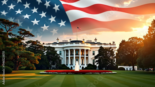 Majestic White House at sunrise, bathed in the warm glow of dawn, with an American flag waving proudly overhead. A breathtaking view!