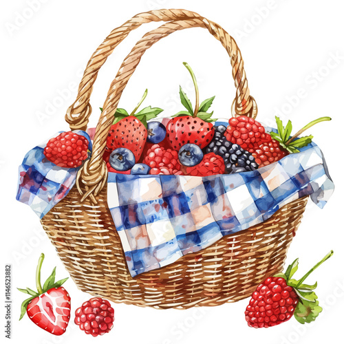 A watercolor vector of a summer picnic basket with fresh berries, isolated on a white background. Summer picnic basket berries vector.
