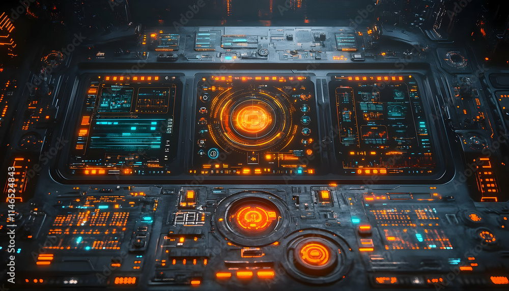 Futuristic control panel with glowing interfaces and intricate designs. Futuristic control panel with glowing interfaces and intricate designs.