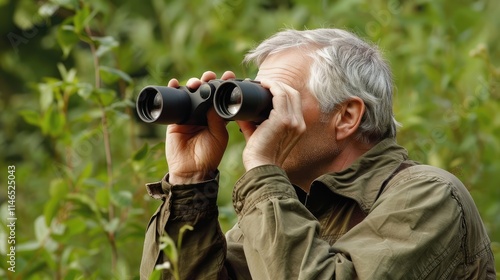 Elderly Man Observing Nature Through Binoculars in a Green Landscape