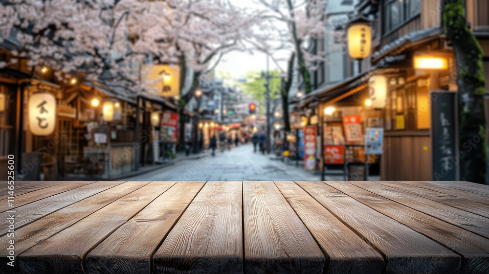 Fototapeta premium close up of empty wooden table with blurred japanese street food stalls background 
