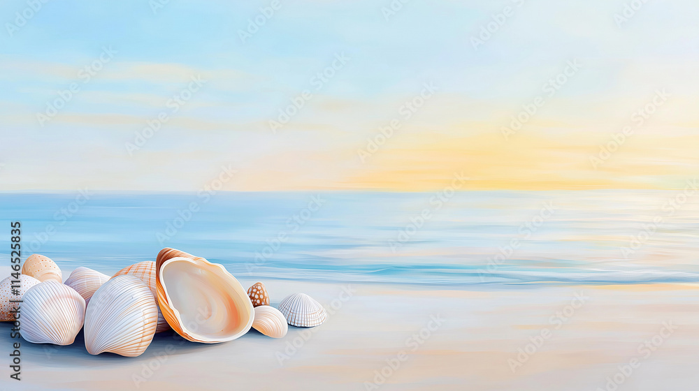 A nature view of a peaceful beach with seashells scattered along the shore , imagine oil painting, impressionist style, landscape, golden hour A nature view of a peaceful beach with seashells scattered along the shore , imagine oil painting, impressionist style, landscape, golden hour