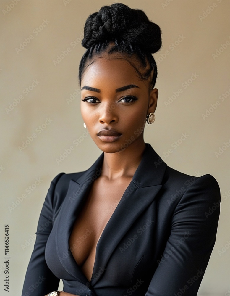 a woman with a ponytail and a black jacket. a woman with a ponytail and a black jacket.