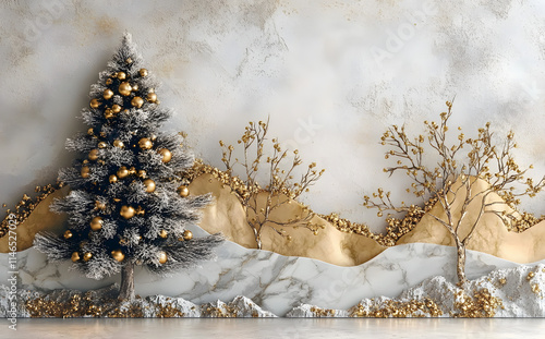 Modern flat artwork mural wallpaper for living room and bedroom. Christmas tree, marble golden mountain in painting background.