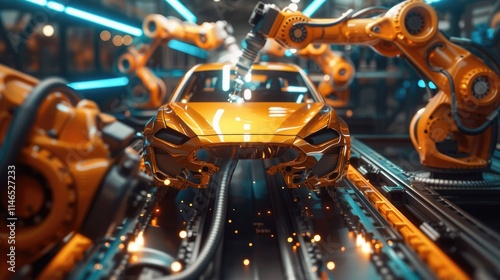 Robotic Arms Assembling Car on Automated Production Line. Robotic arms welding a car body  photo