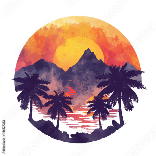 A watercolor drawing of a sunset over a tropical mountain range, isolated on a white background. Tropical mountain range vector.
