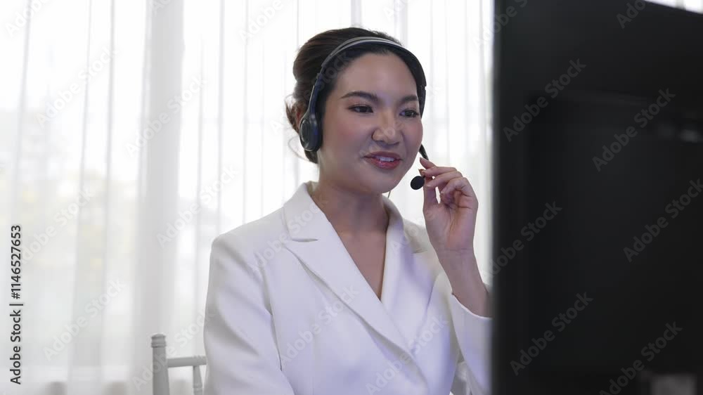 Businesswoman wearing vivancy headset working in office to support remote customer or colleague. Call center, telemarketing, customer support agent provide service on telephone video conference call Businesswoman wearing vivancy headset working in office to support remote customer or colleague. Call center, telemarketing, customer support agent provide service on telephone video conference call
