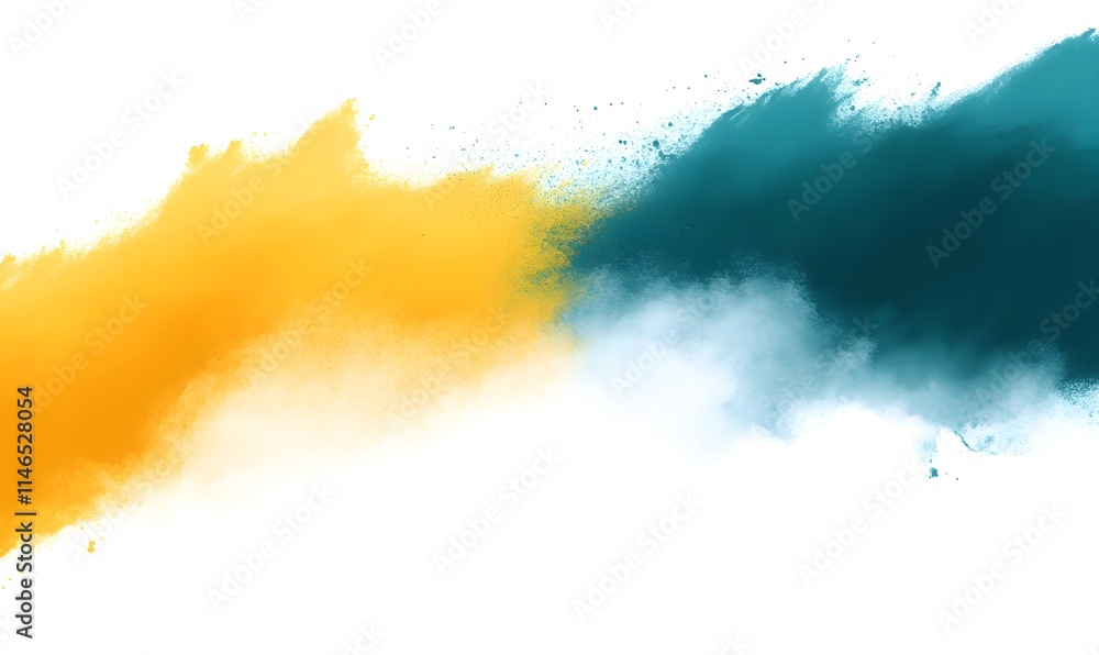 Fototapeta premium Powder splash with yellow and blue on white backdrop.