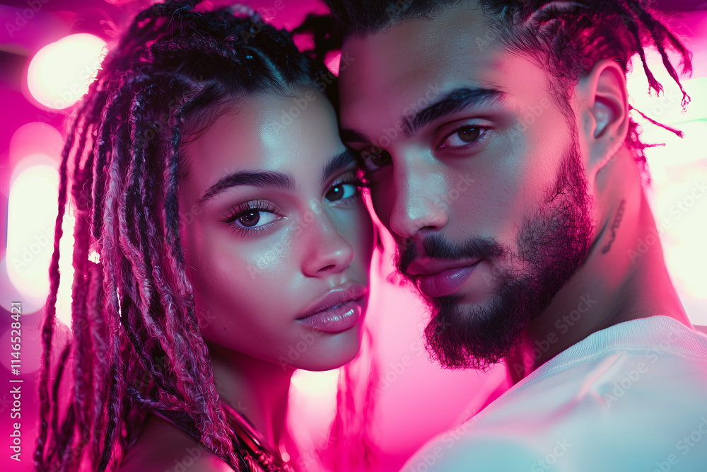 Striking portrait of a stunning cyberpunk couple in neon-lit urban setting at night Striking portrait of a stunning cyberpunk couple in neon-lit urban setting at night