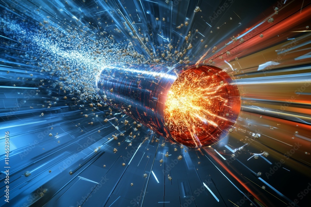 Glowing cylinder explodes; particles radiate outward. Glowing cylinder explodes; particles radiate outward.