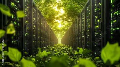 Green Data Center with Servers and Lush Leaves
