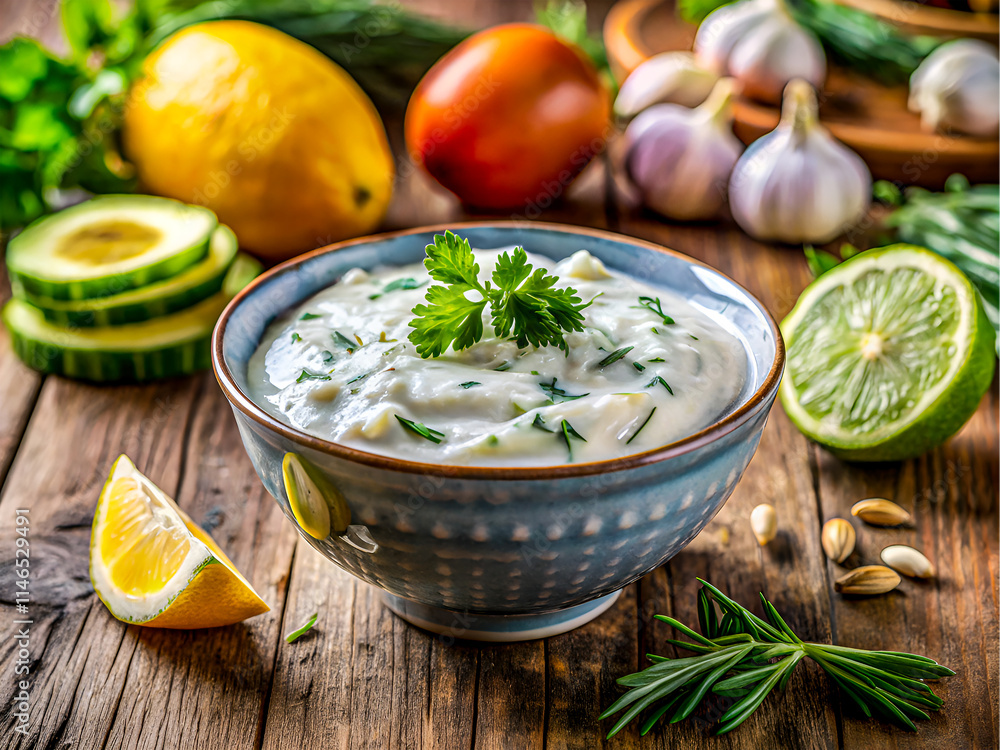 A delicious bowl of homemade tzatziki sauce. Tasty Food background A delicious bowl of homemade tzatziki sauce. Tasty Food background