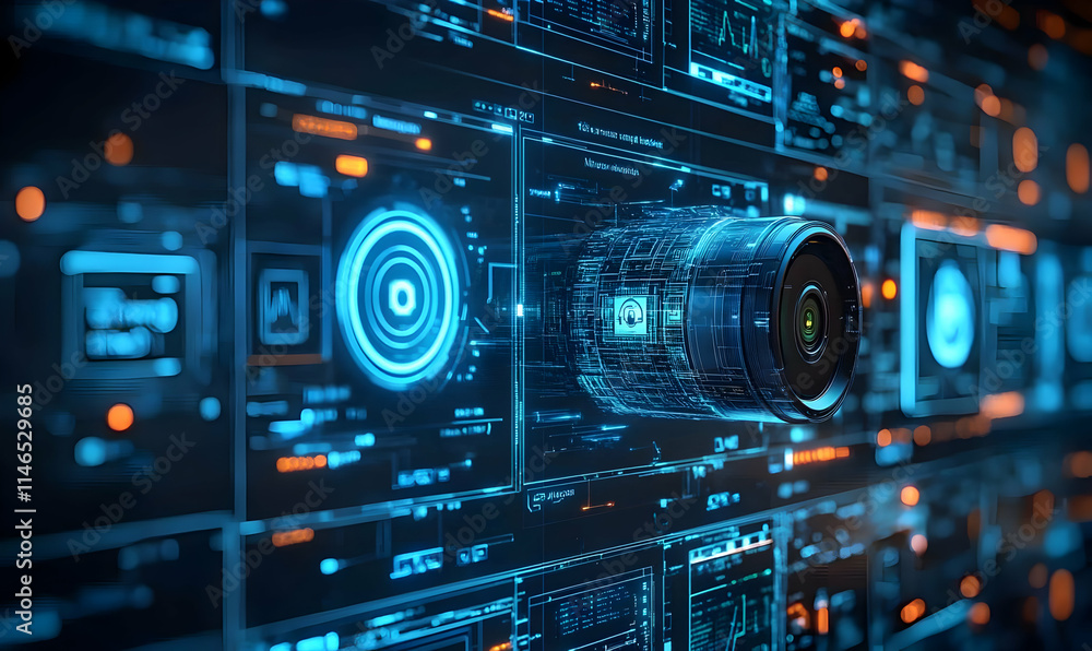 Futuristic interface featuring a camera lens and digital elements. Futuristic interface featuring a camera lens and digital elements.