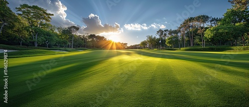 A broad perspective of the golf course. Rich green turf on a golf course with stunning surroundings, Generative Ai. photo