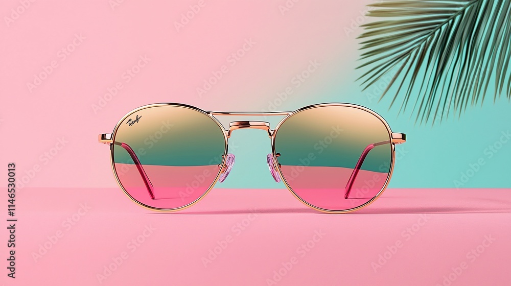 Pink and rose gold round sunglasses on pink and teal background with palm leaf. Pink and rose gold round sunglasses on pink and teal background with palm leaf.