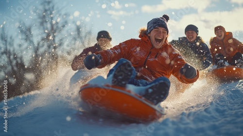 A group of male students racing on sleds down a snowy slope under the bright winter sky, laughing and cheering