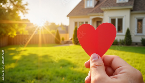 Hand holding a red heart symbol in front of a cozy home at sunset, Valentine's Day, Heart Health Month, real estate agent