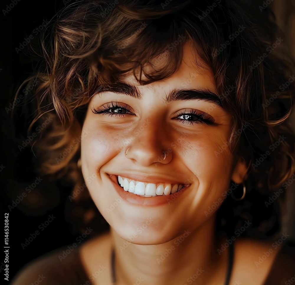 Curly haired girl smiling at the camera Curly haired girl smiling at the camera