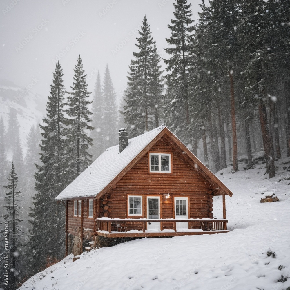 Wooden mountain cabin covered in snow during snowfall Wooden mountain cabin covered in snow during snowfall