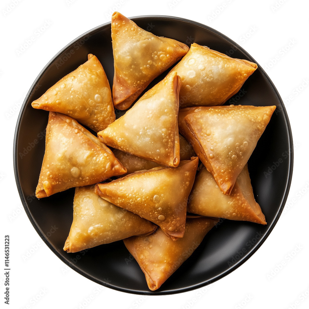 Top View Crispy Fried Samosas on Black Plate Isolated on Transparent Background Top View Crispy Fried Samosas on Black Plate Isolated on Transparent Background