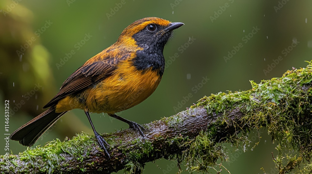 Fototapeta premium Vibrant orange bird perched on mossy branch in rain.